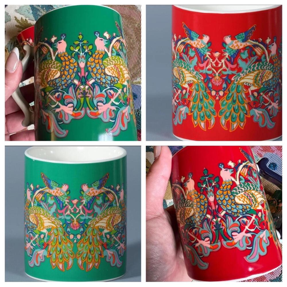 2 WILLIAM MORRIS Coffee Mugs Peacock Floral Cups Red Green Pink Bird Ornate